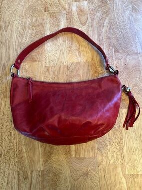 Vintage HOBO Red Leather Shoulder Bag with Side Zipper and Tassel